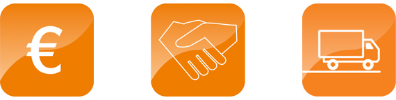 Logo con simbolo dell'euro, stretta di mano e camion consegne